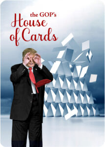 Back face of poker deck of cards showing Donald Trump in front of a falling house of cards